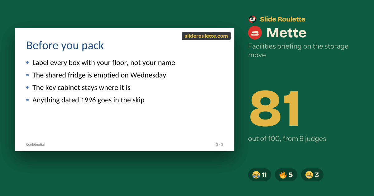 A highlight card: a slide from a facilities memo, a score of 81, and the reactions it got